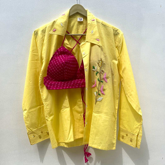 Yellow Embroidery Shirt & Pink Lehariya Bra Combo - KJ0227