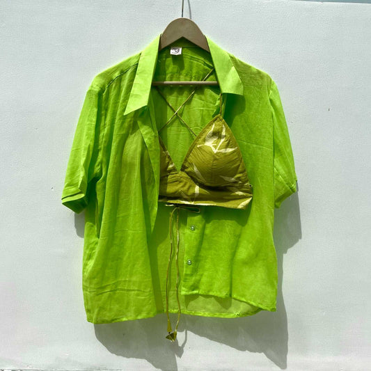 Neon Green Mul Shirt & Handblock Leaf Bra Combo - KJ0235
