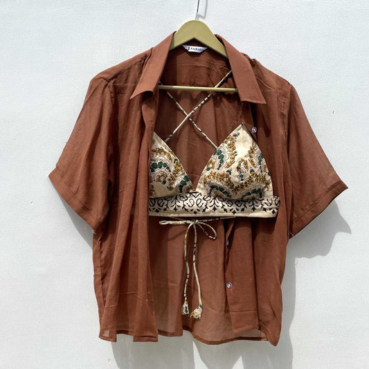 Brown Mul Shirt and Cream Floral HandBlock Bra Combo - KJ0234 (Clearance Sale)