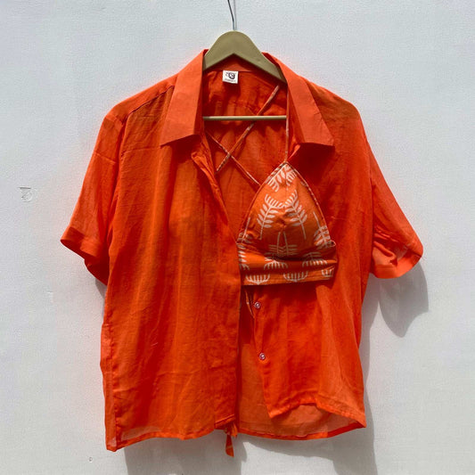 Neon Orange Mul Shirt & Handblock Leaf Bra Combo - KJ0233