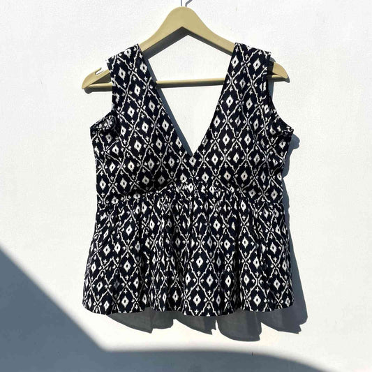 Black Ikat Deep Neck Cotton Top - KJ0291 (( Clearance Sale ))