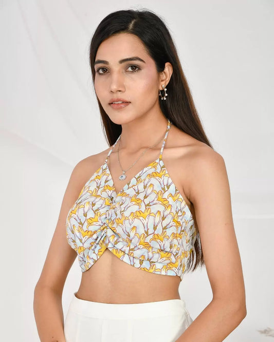 Blue Yellow Criss Cross Crop Top - KJ0180