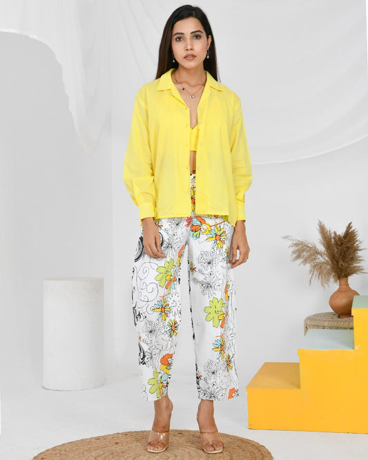 Yellow Shirt Bra and Abstract Denim Pant Dress - KJ0210