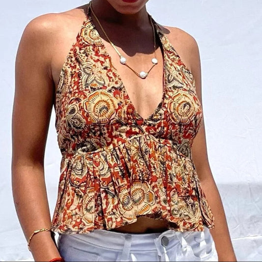 Rust Red Pure Kalamkari Deep V Neck and Frill Cotton Top - KJ0083 (( Clearance Sale ))