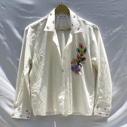 White Hand Embroidery Cotton Shirt - KJ0162