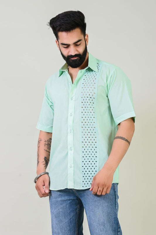 Green Chikan Patch Cotton Shirt - 350 - AA0374
