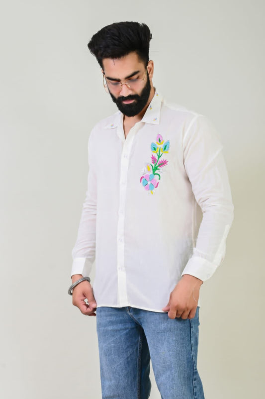 White HandWork Embroidery Cotton Shirt - 350 - AA0329