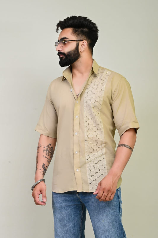 Beige Chikan Patch Cotton Shirt - 350 - AA0373
