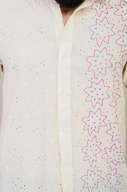 Off White Chikan Pink Thread Embroidery Shirt - 350 - AA0378