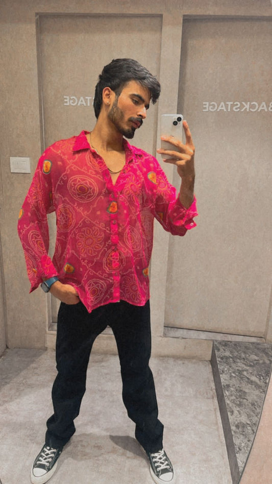 Pink Bandhej Chiffon Shirt - 350 - AA0380