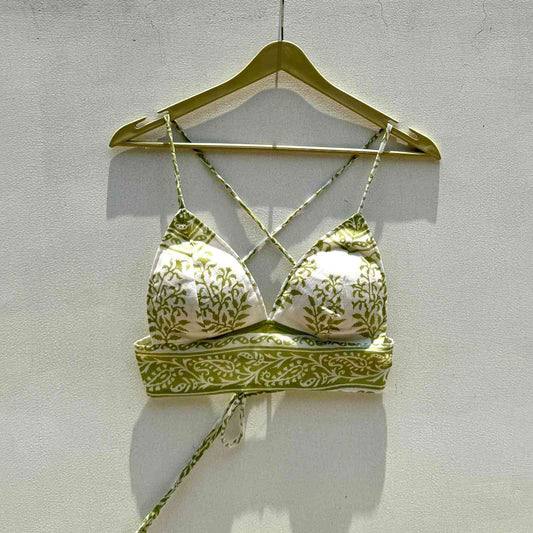 White Light Green Floral Cotton Mulmul Bra - KJ0609