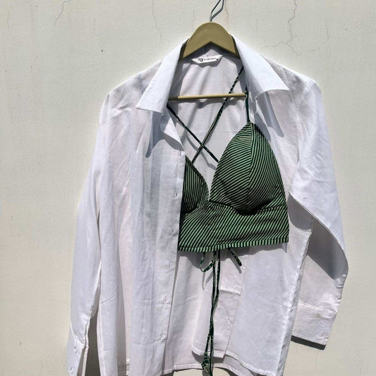 White Shirt & Green Lehariya Bra Combo - KJ0738 (( Clearance Sale Item ))