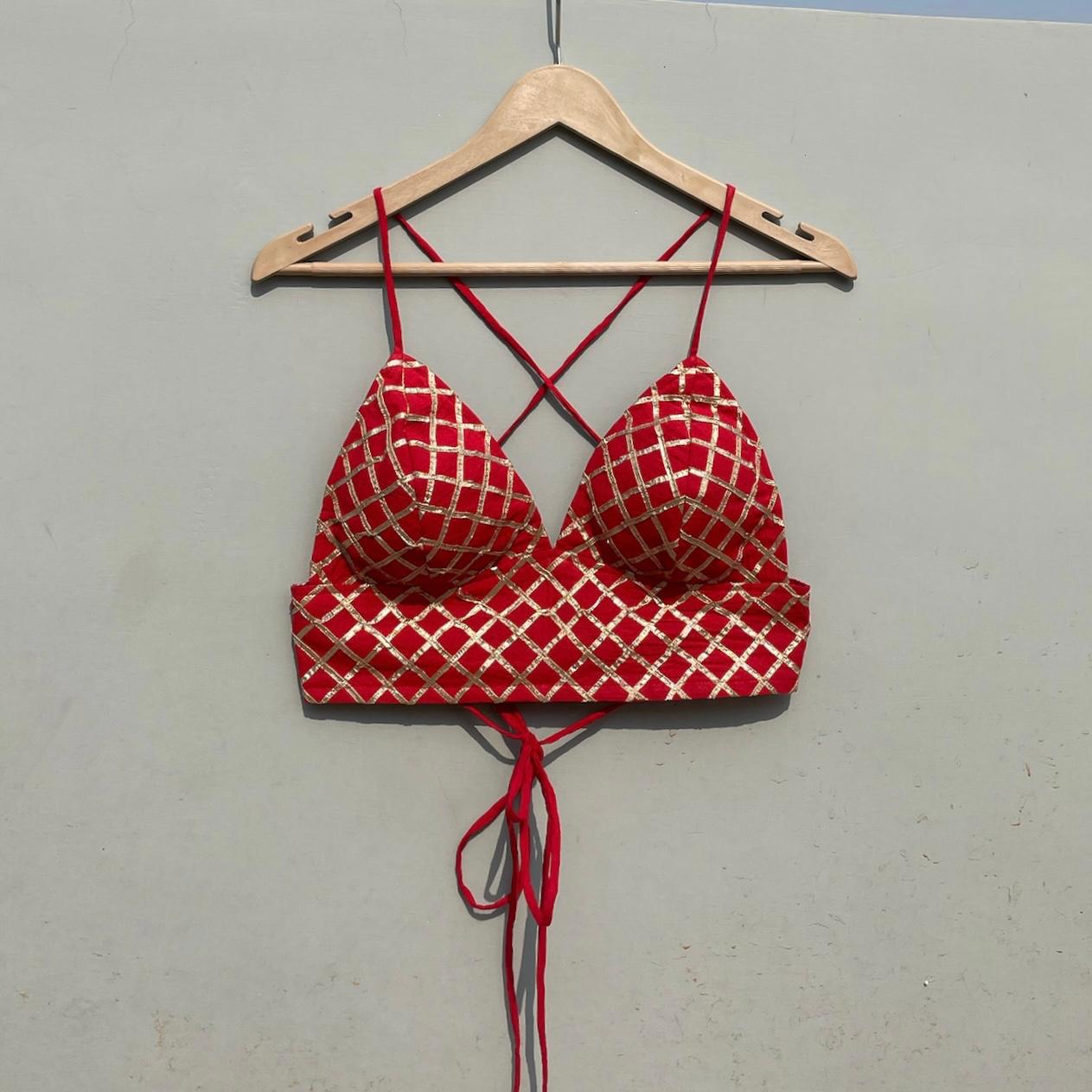 Red Checks Gotta Gujrati Embroidery Bralette Cum Top - KJ0749