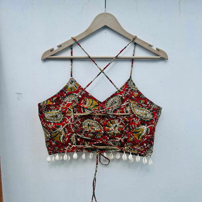 Red Kalamkari Criss Cross Gujratri Top - KJ0753