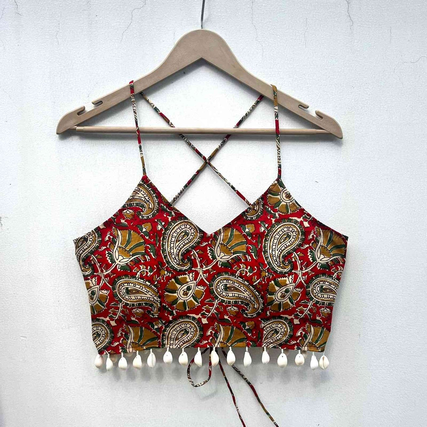 Red Kalamkari Criss Cross Gujratri Top - KJ0753