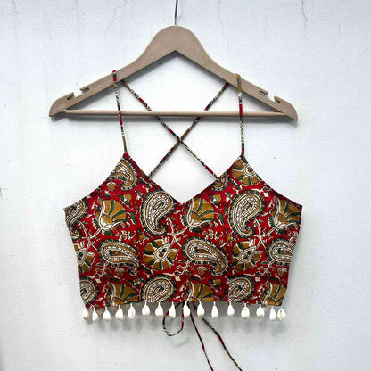 Red Kalamkari Criss Cross Gujratri Top - KJ0753