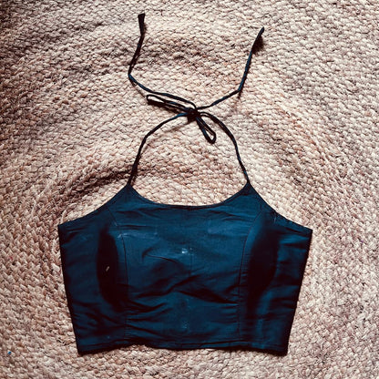Black Plain Halter Neck Taffeta Removable Pad Blouse - 700 - FAL10123