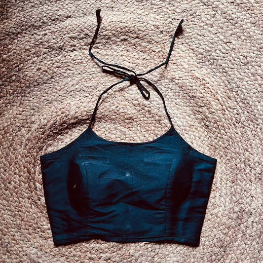 Black Plain Halter Neck Taffeta Removable Pad Blouse - 700 - FAL10123