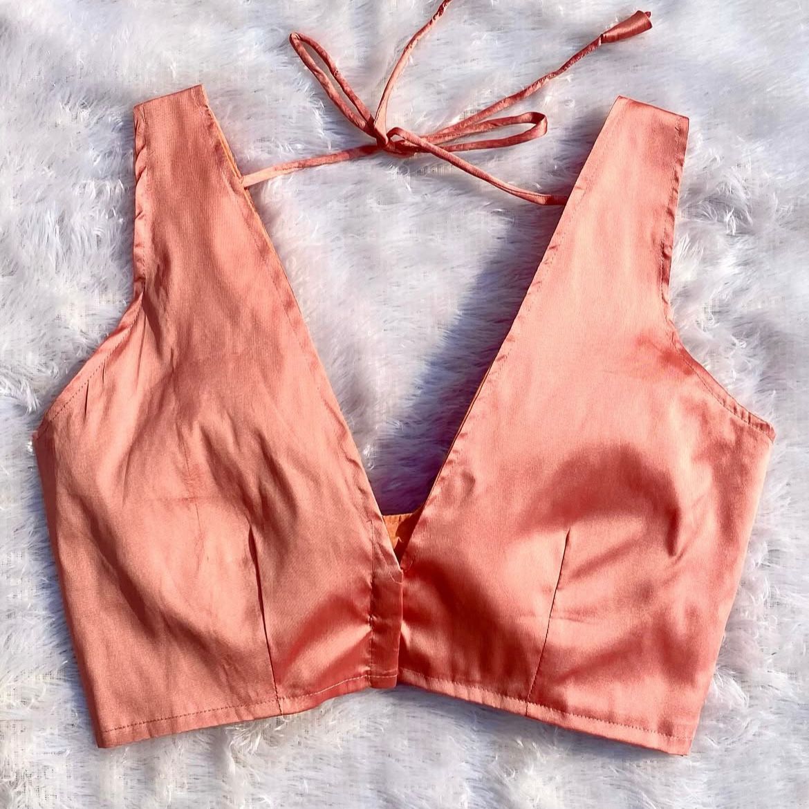 Peach Deep V Neck Plain Blouse - 800 - FAL10176