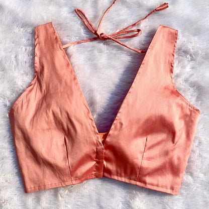 Peach Deep V Neck Plain Blouse - 800 - FAL10176