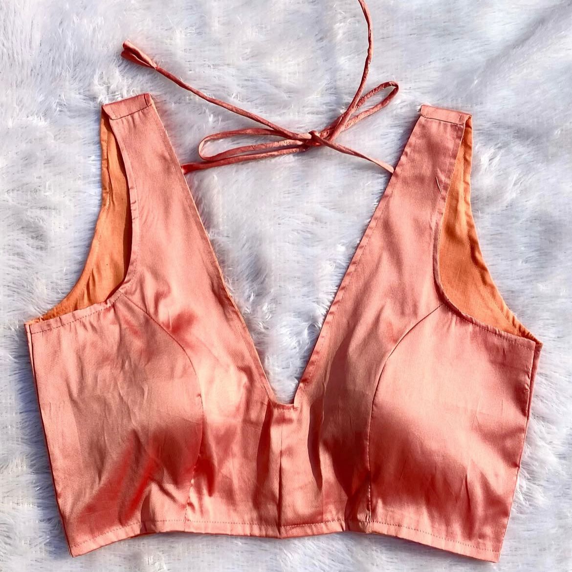 Peach Deep V Neck Plain Blouse - 800 - FAL10176