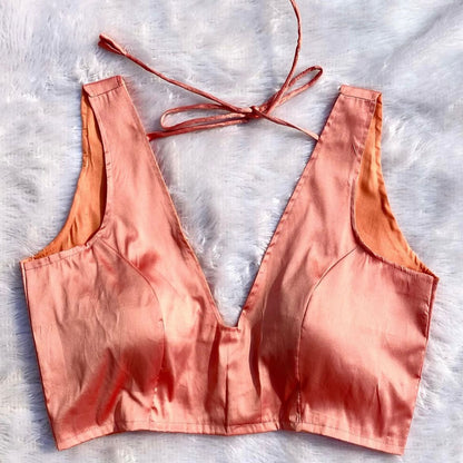 Peach Deep V Neck Plain Blouse - 800 - FAL10176