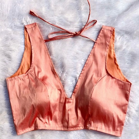 Peach Deep V Neck Plain Blouse - 800 - FAL10176