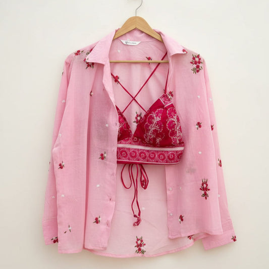 Thread Embroidery Pink Shirt and Rani Pink Floral Bra Combo - KJ10358