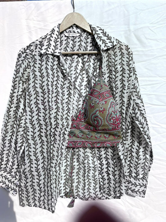 White Grey Creeper Floral Mul Shirt and Bra Combo - KJ10376