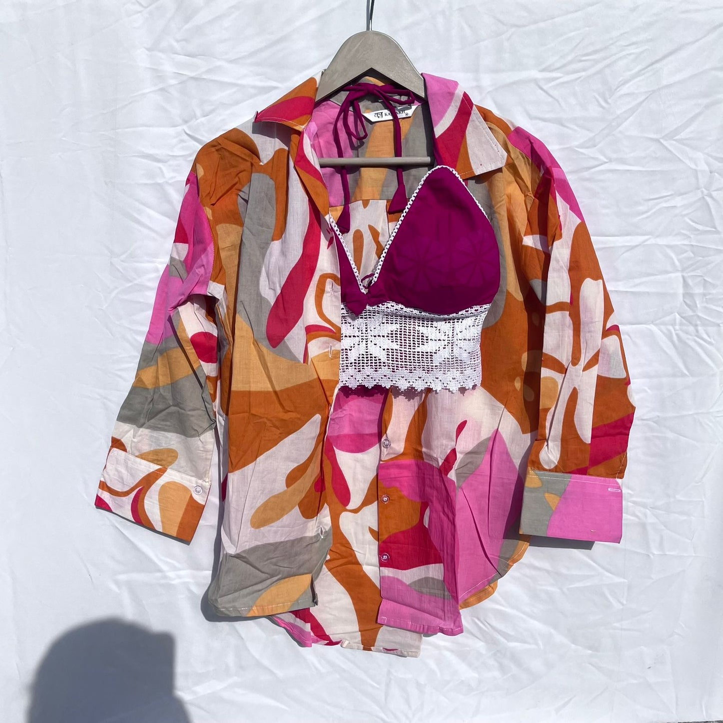 Abstract Pink Shirt and Self Print Bra Combo - KJ10379