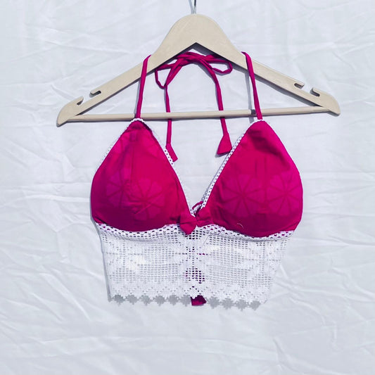 Pink Self Floral Print Chikan Lace Removable Pads Bra - Kj10391
