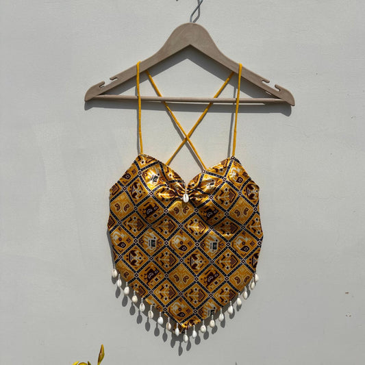 Navratri Yellow Shimmer Mudra V Shape Padded top - KJ10469