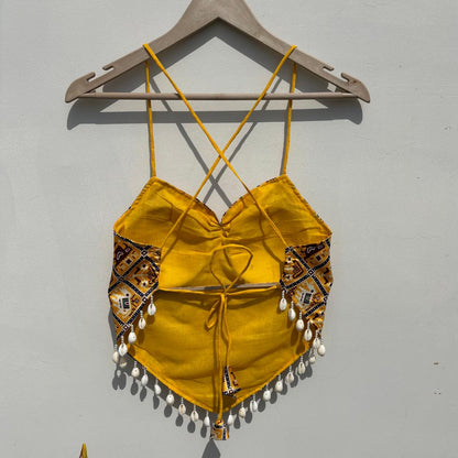 Navratri Yellow Shimmer Mudra V Shape Padded top - KJ10469