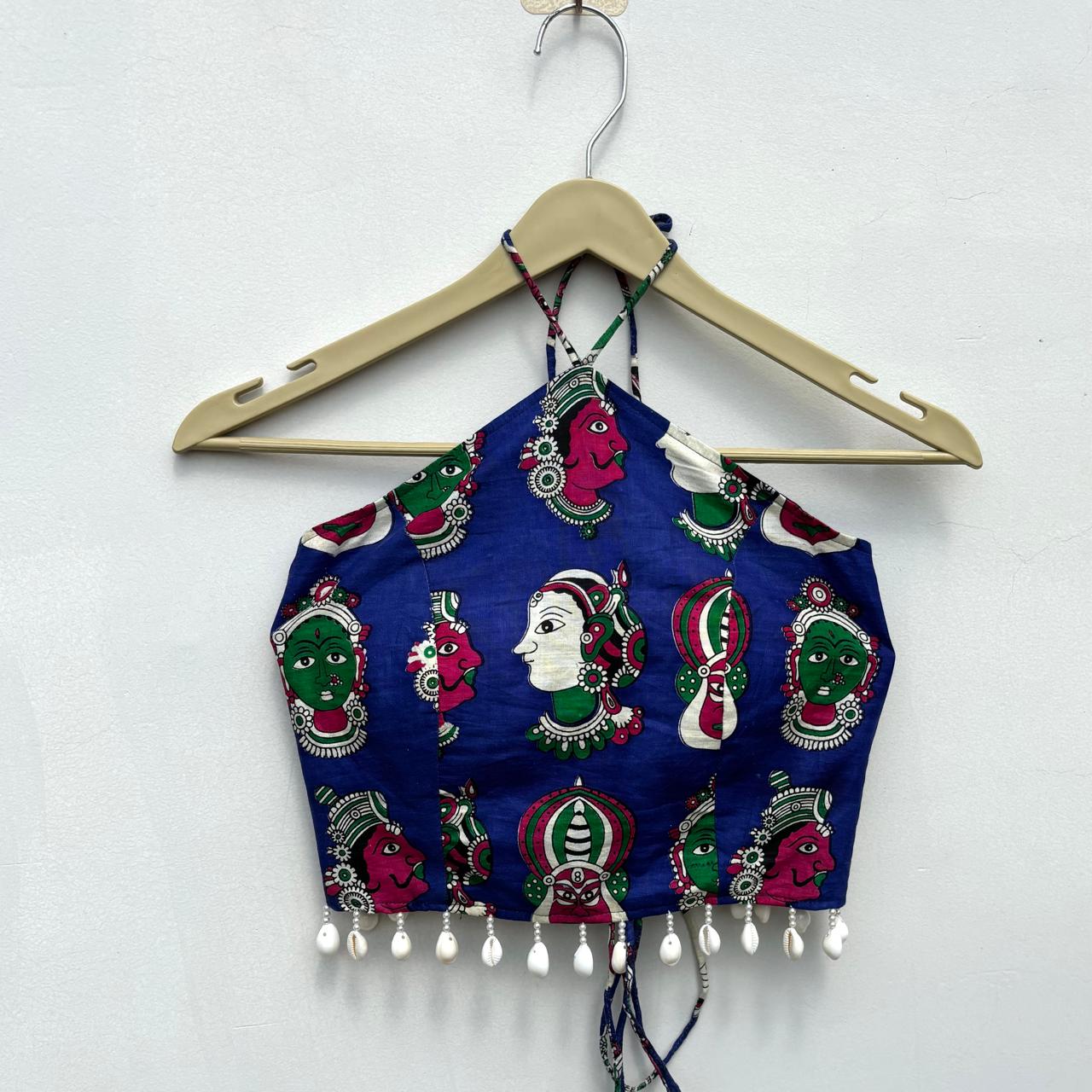 Navratri Blue Face Mudra Criss Cross Padded top - KJ10467