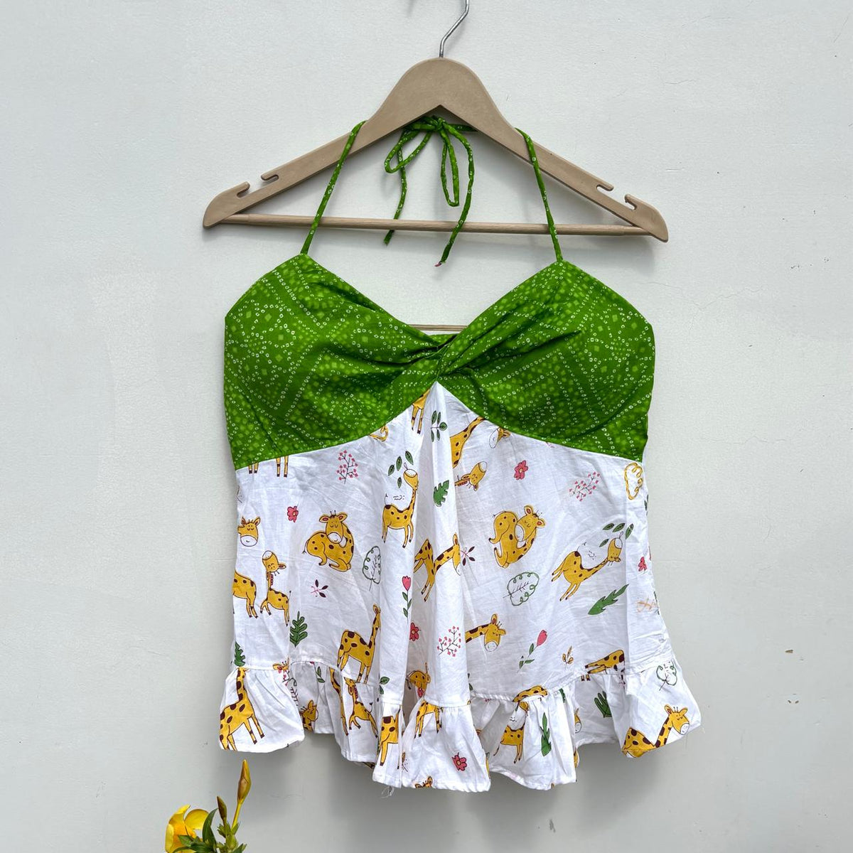 Green Bandhej With Animal Print Padded Top - KJ10471