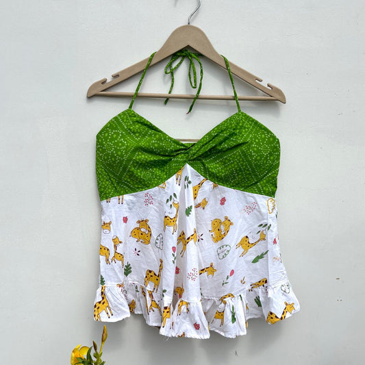 Green Bandhej With Animal Print Padded Top - KJ10471