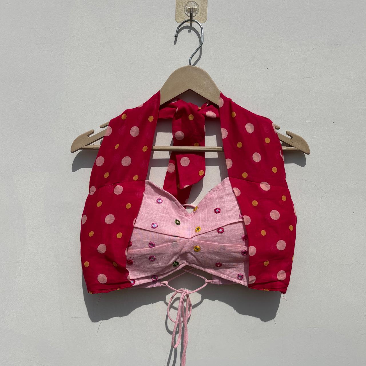 Navratri Baby Pink Mirror Embroidery With Polka Halter Neck Criss Cross Padded top - KJ10470