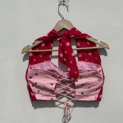 Navratri Baby Pink Mirror Embroidery With Polka Halter Neck Criss Cross Padded top - KJ10470