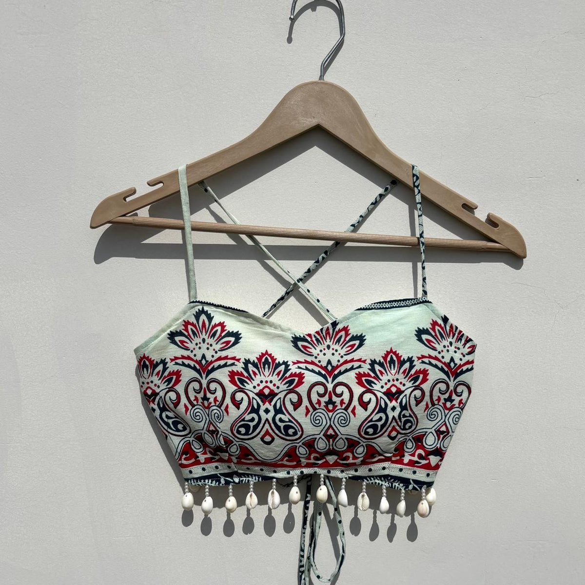 Navratri White Red Chaap Printed Criss Cross Padded top - KJ10466