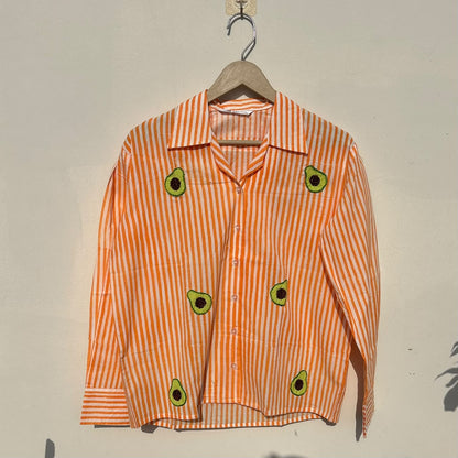 Orange HandBlock Stripe Avocado Handwork Patch EmbroideryWomen Shirt - KJ10465