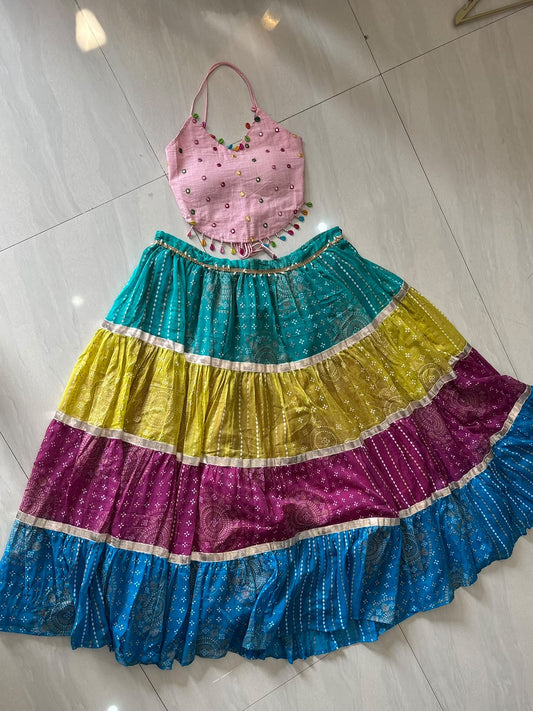 Navratri Baby Pink Mirror Criss Cross Top & Vertical Multicolor Skirt - 1400 - KJ10478