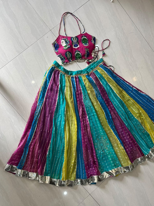 Navratri Pink Mudra Padded Top & Horizontal Multicolor Skirt - 1400 - KJ10480