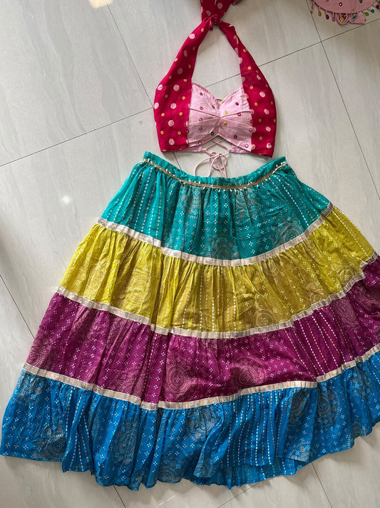 Navratri Pink Polka Mirror Embroidery Top & Vertical Multicolor Skirt - 1400 - KJ10479
