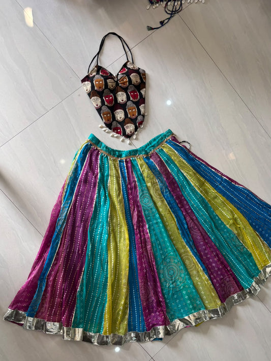 Navratri Black Mudra Padded Top & Horizontal Multicolor Skirt - 1400 - KJ10482