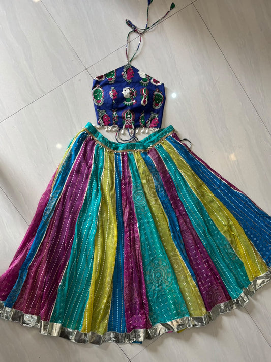 Navratri Blue Mudra Padded Top & Horizontal Multicolor Skirt - 1400 - KJ10481