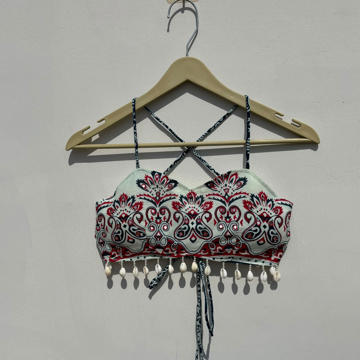 Navratri Mirror Embroidery White Red Chaap Printed Criss Cross Padded top - KJ10471