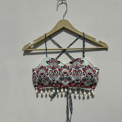 Navratri Mirror Embroidery White Red Chaap Printed Criss Cross Padded top - KJ10471