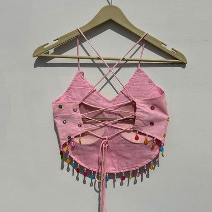 Navratri Baby Pink Mirror Embroidery With Colorful Shells Criss Cross Padded top - KJ10472