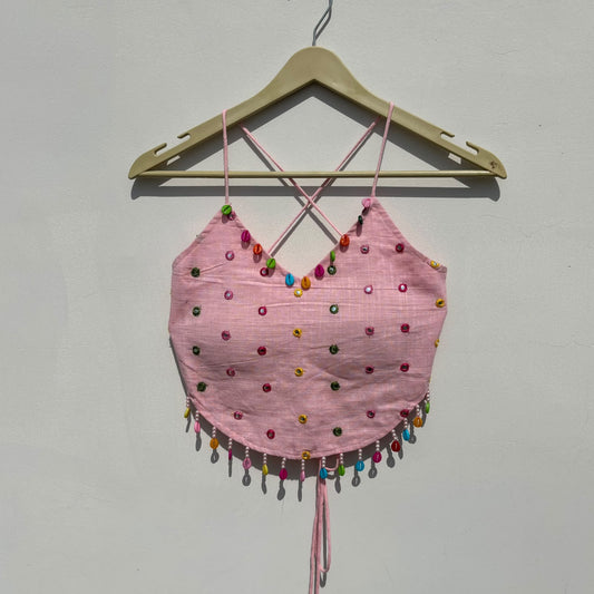 Navratri Baby Pink Mirror Embroidery With Colorful Shells Criss Cross Padded top - KJ10472