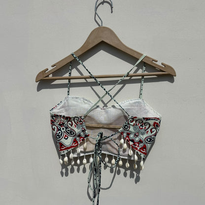 Navratri Mirror Embroidery White Red Chaap Printed Criss Cross Padded top - KJ10471